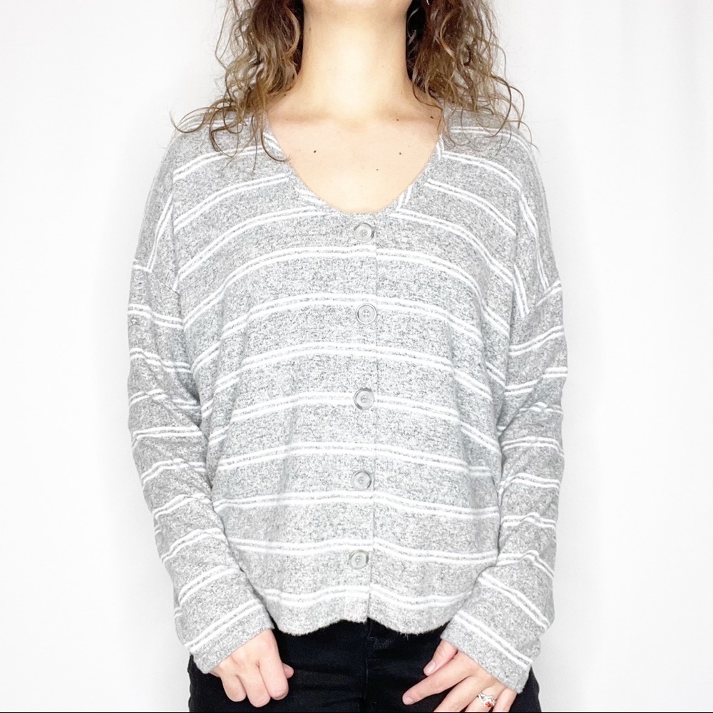 TORRID Grey & White Stripe Button Boyfriend Hacci